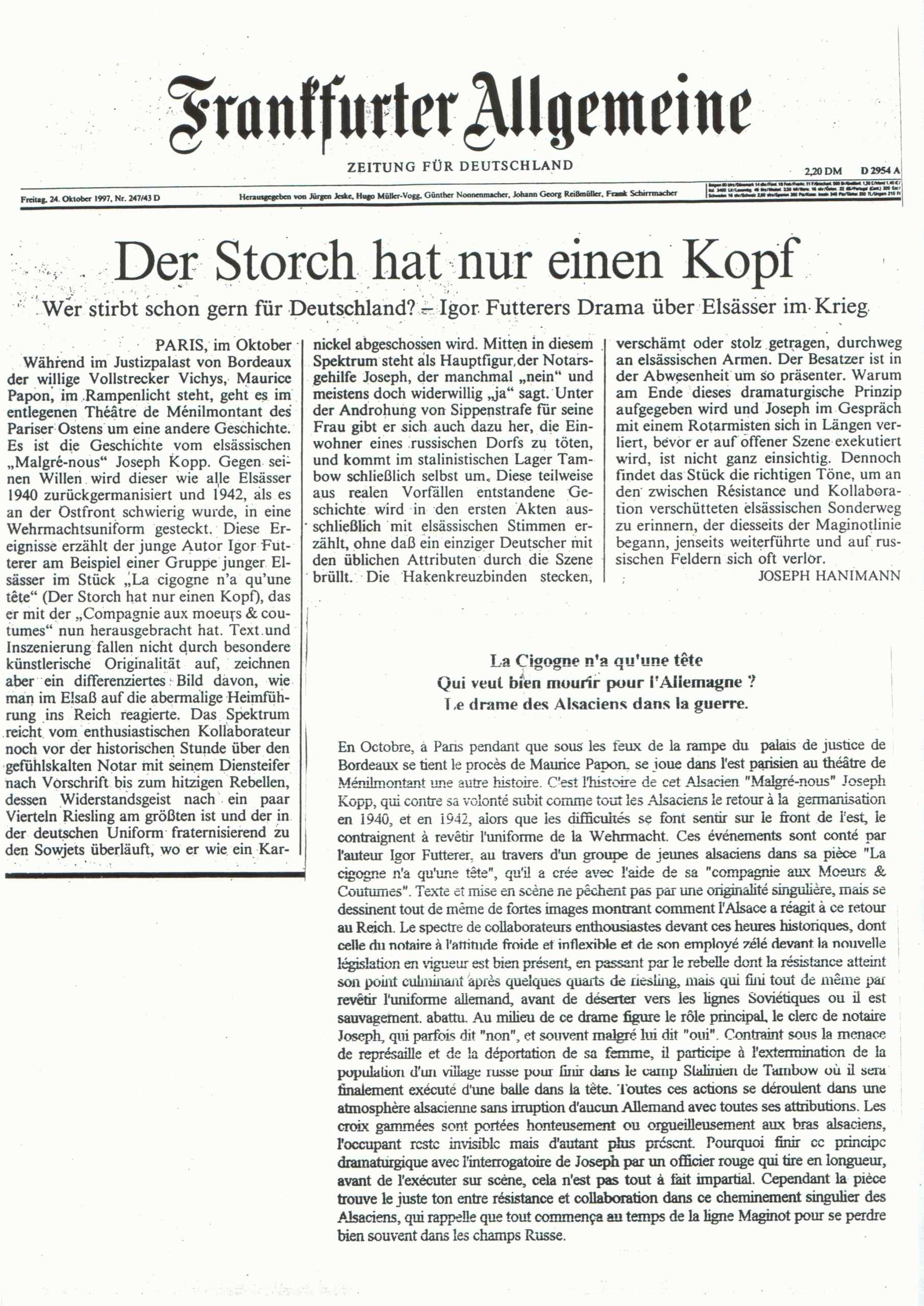 La cigogne n'a qu'une tête - Igor Futterer - Frankfurter Allgemeine - 1997